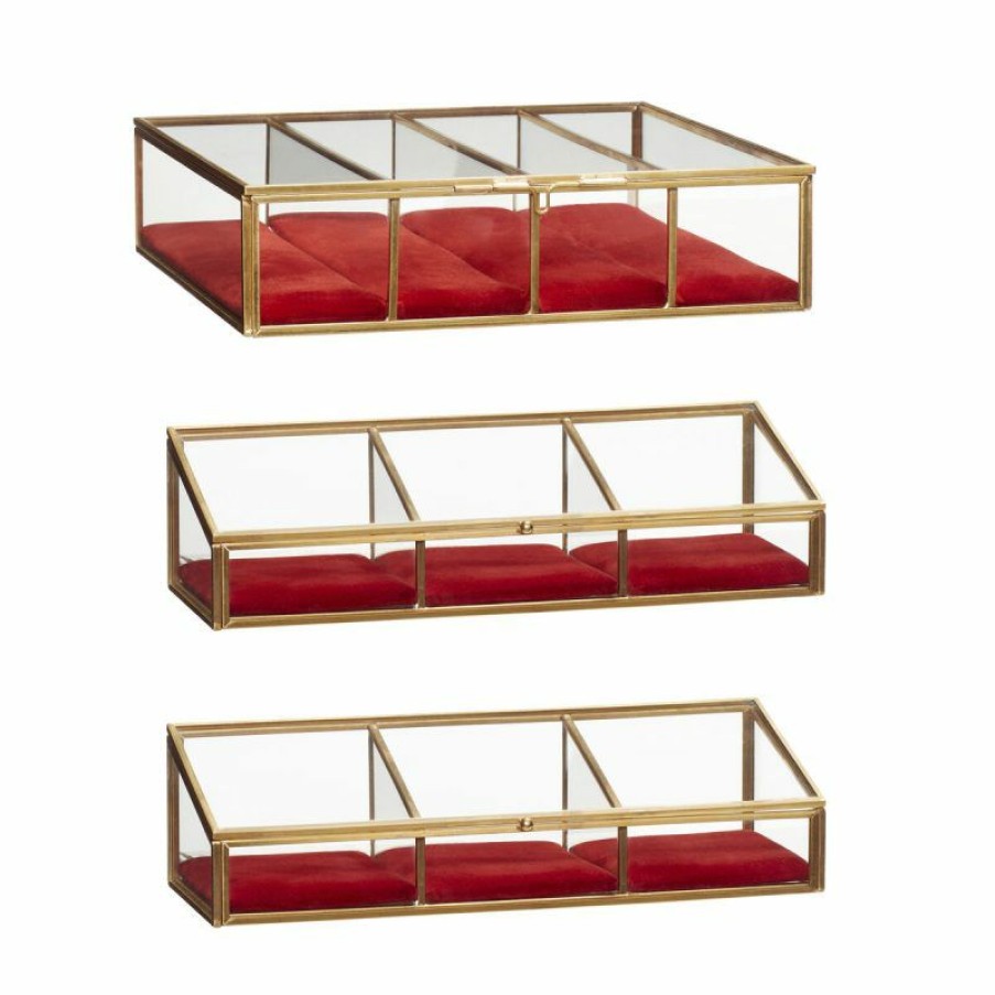 Home Accessories Hübsch  | View Storage Box Red/Clear/Brass (Set Of 3) Brass, Red